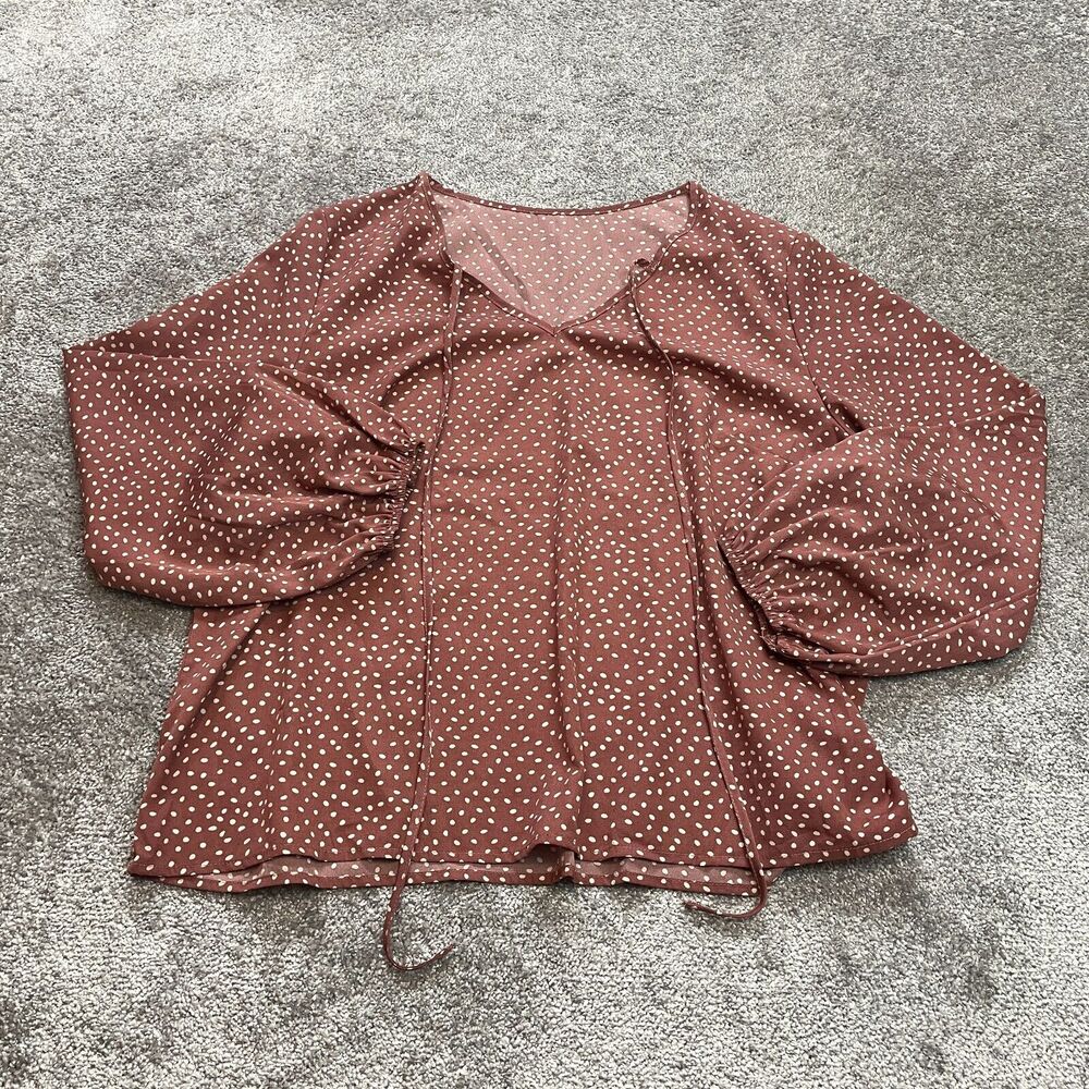 Shein Blouse Shirt Womens 2XL Purplish Red Long Sleeve Tie V Neck Polka Dot